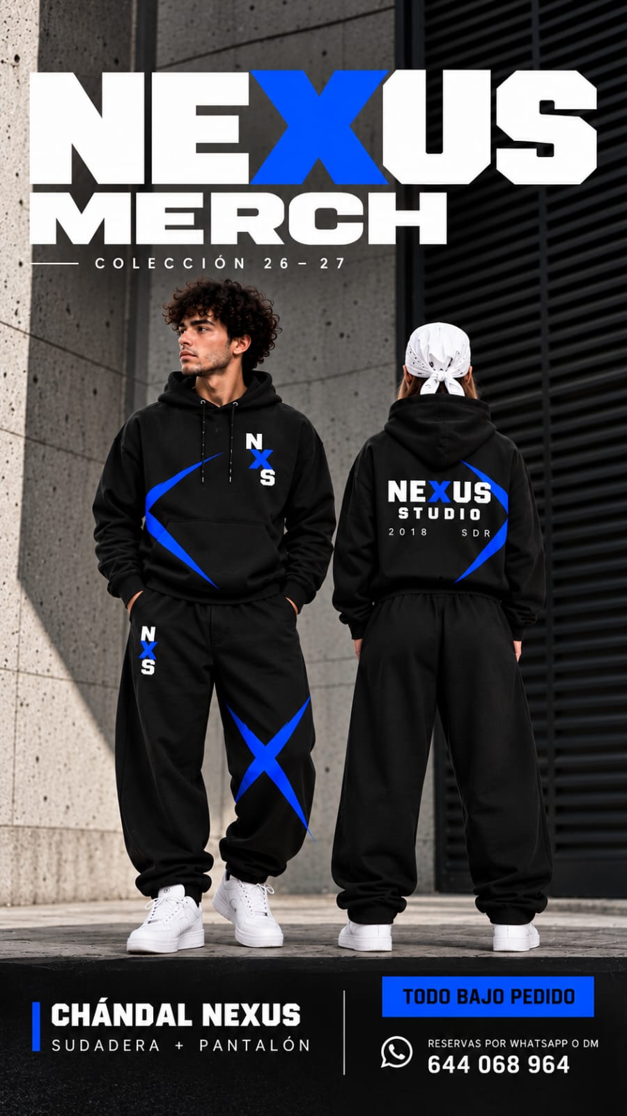 Chándal Nexus negro con detalles azules: sudadera y pantalón
